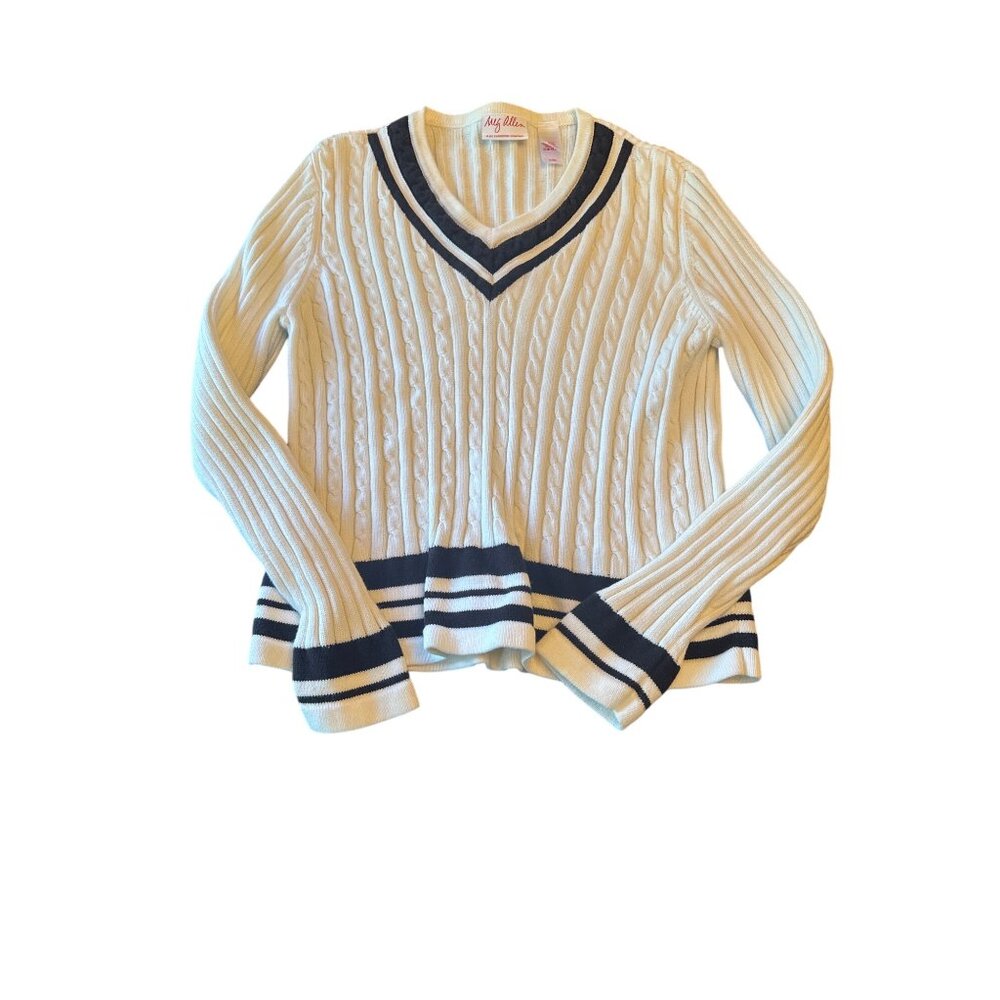 Meg AllenLarge Cream Cable Knit Sweater Stripe Trim Tennis Old Money Preppy
